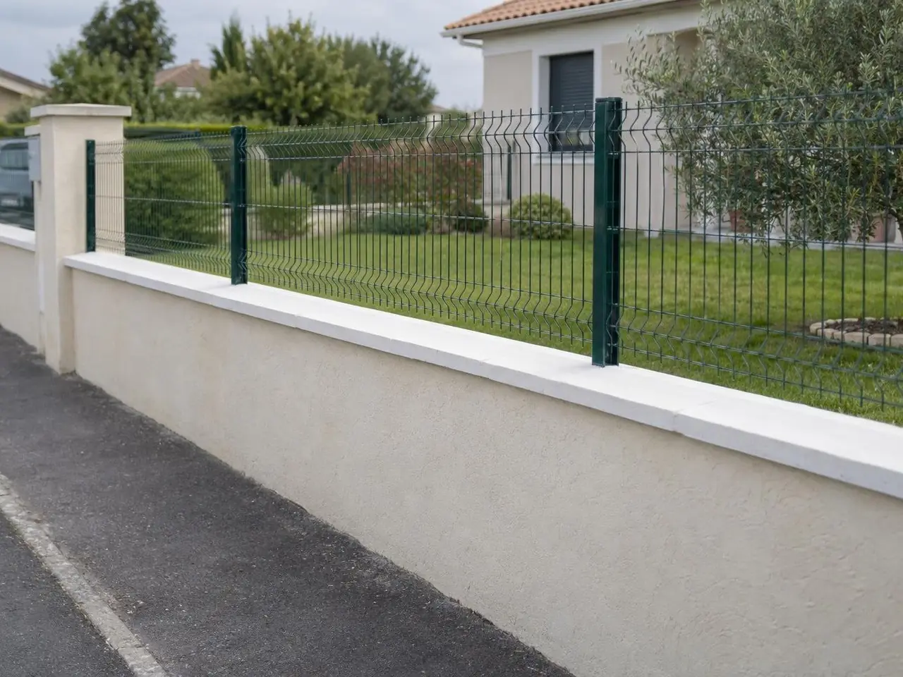 Muret de clôture enduit beige clair coiffé d'un chaperon blanc, grillage rigide vert foncé, le long d'un trottoir