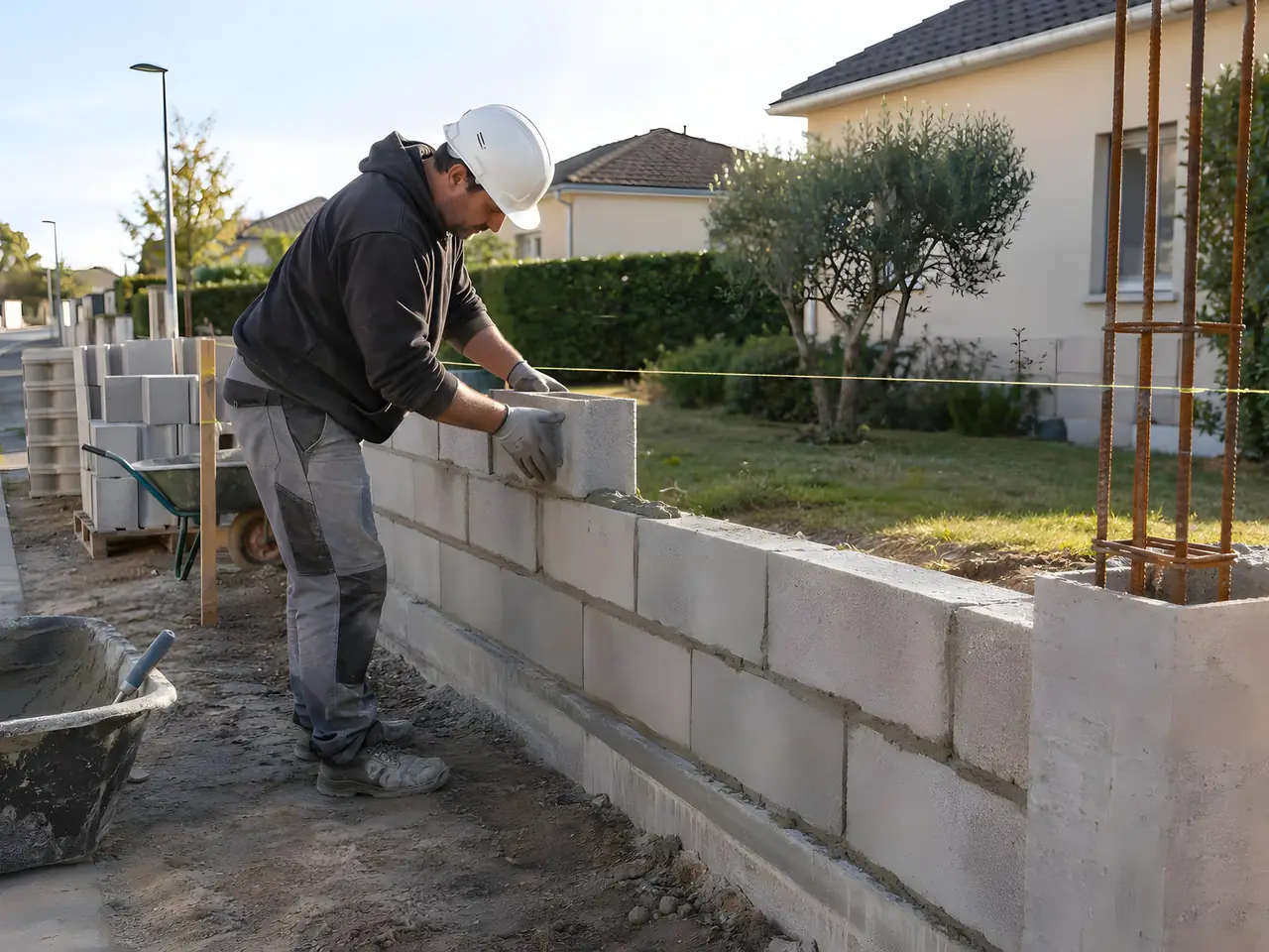 Maçon casqué qui pose des parpaings sur la semelle d'un mur de clôture, le long d'une rue de lotissement