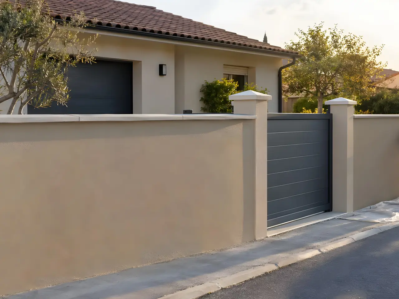 Mur de clôture enduit beige à piliers et portail coulissant gris, qu'un artisan finit au bord de la rue