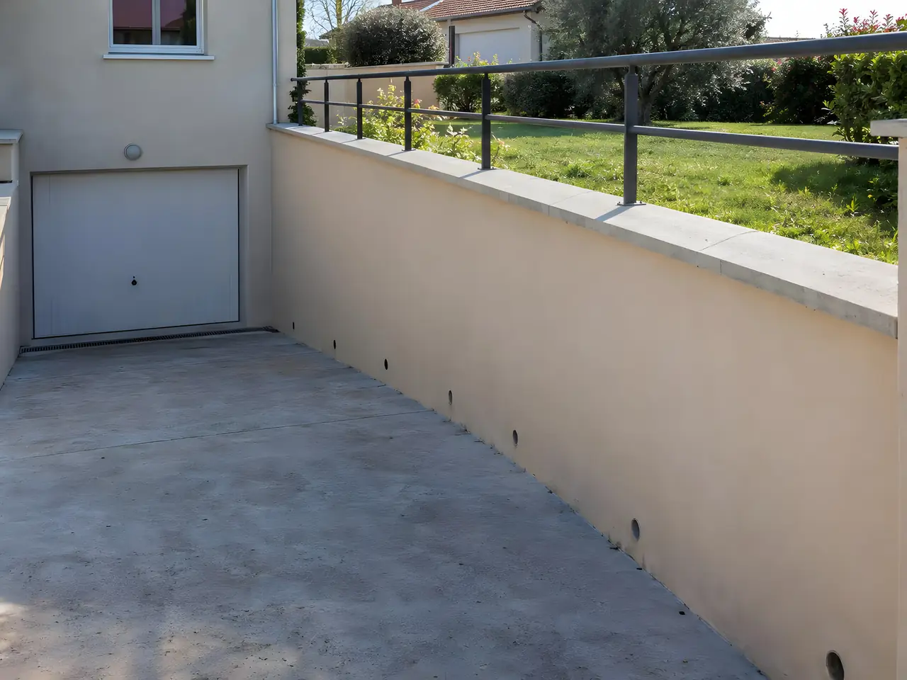 Descente de garage en béton bordée d'un mur de soutènement enduit, chaperon et garde-corps en métal gris au-dessus