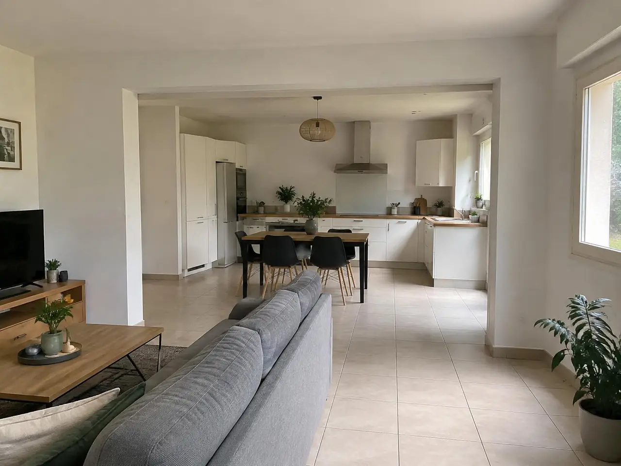 Séjour ouvert en grand sur la cuisine sous une poutre peinte en blanc, même carrelage beige d'une pièce à l'autre