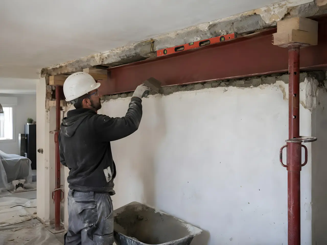 Maçon casqué qui bourre au mortier le dessus d'une poutre métallique rouge posée dans un mur, soutenue par des étais