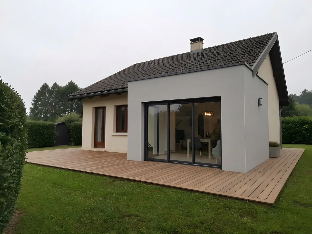 Pièce en plus enduite de gris accolée à un pavillon, grande baie vitrée ouverte sur une terrasse en bois