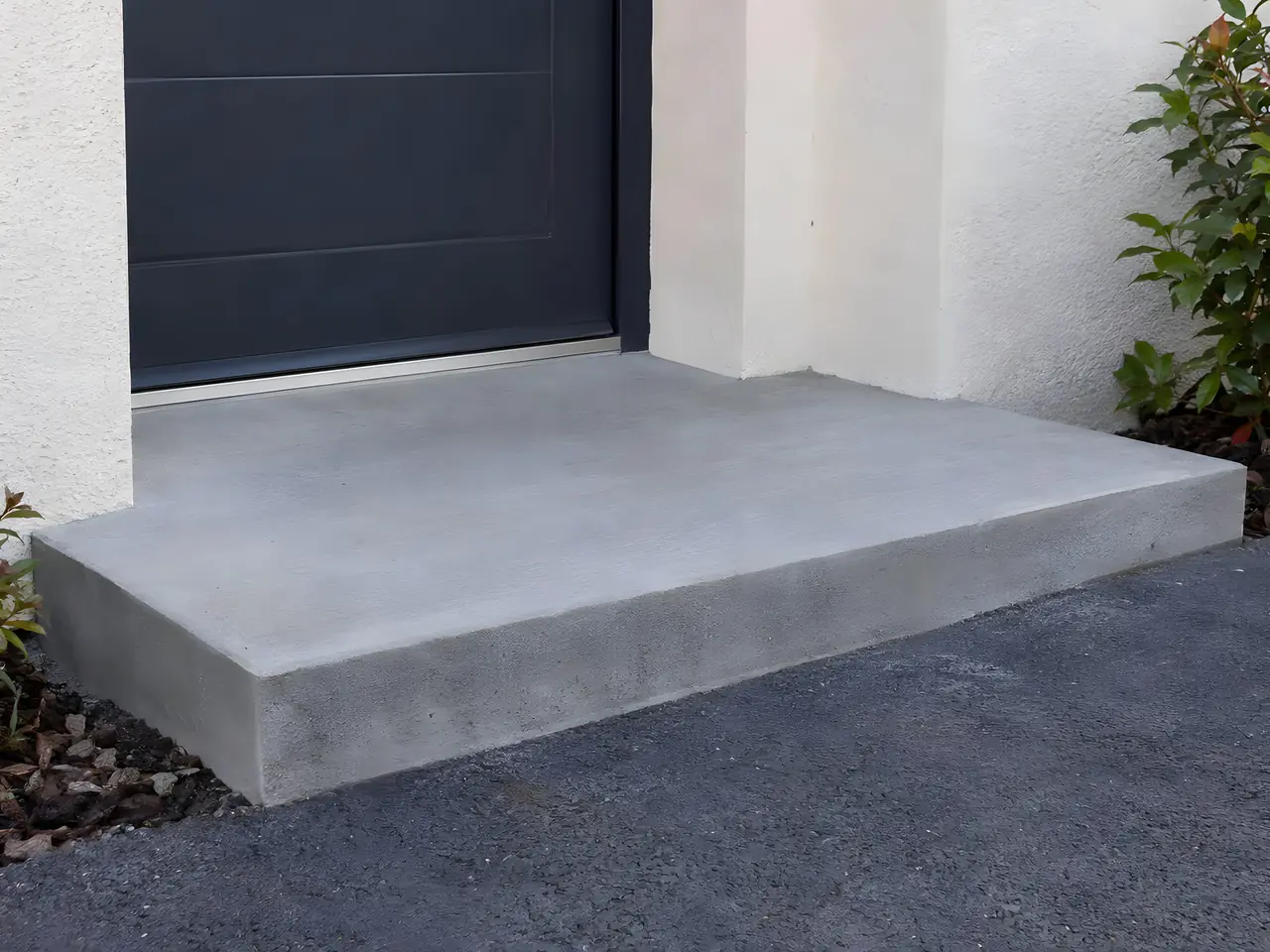 Marche d'entrée en béton lisse et nette, angles droits, au pied d'une porte gris anthracite