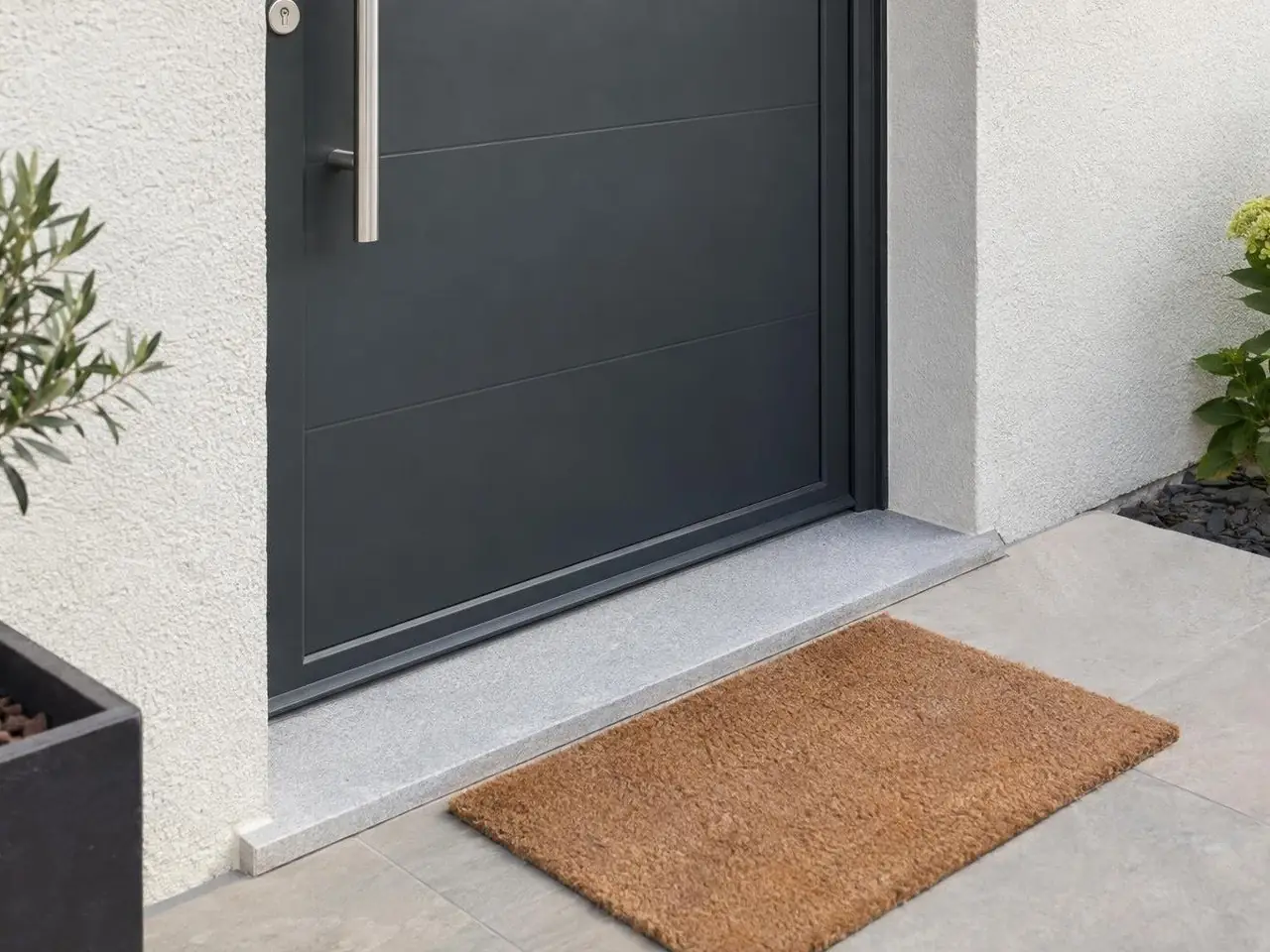 Bas d'une porte d'entrée gris anthracite sur un seuil neuf en pierre gris clair aux arêtes nettes, paillasson en coco