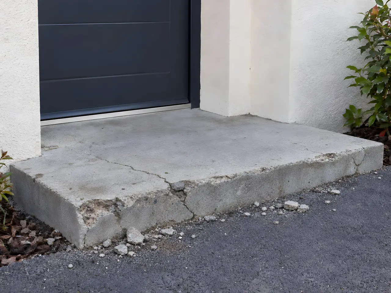 Marche d'entrée en béton fendue, écornée et effritée sur le devant, gravats sur l'enrobé au pied de la porte