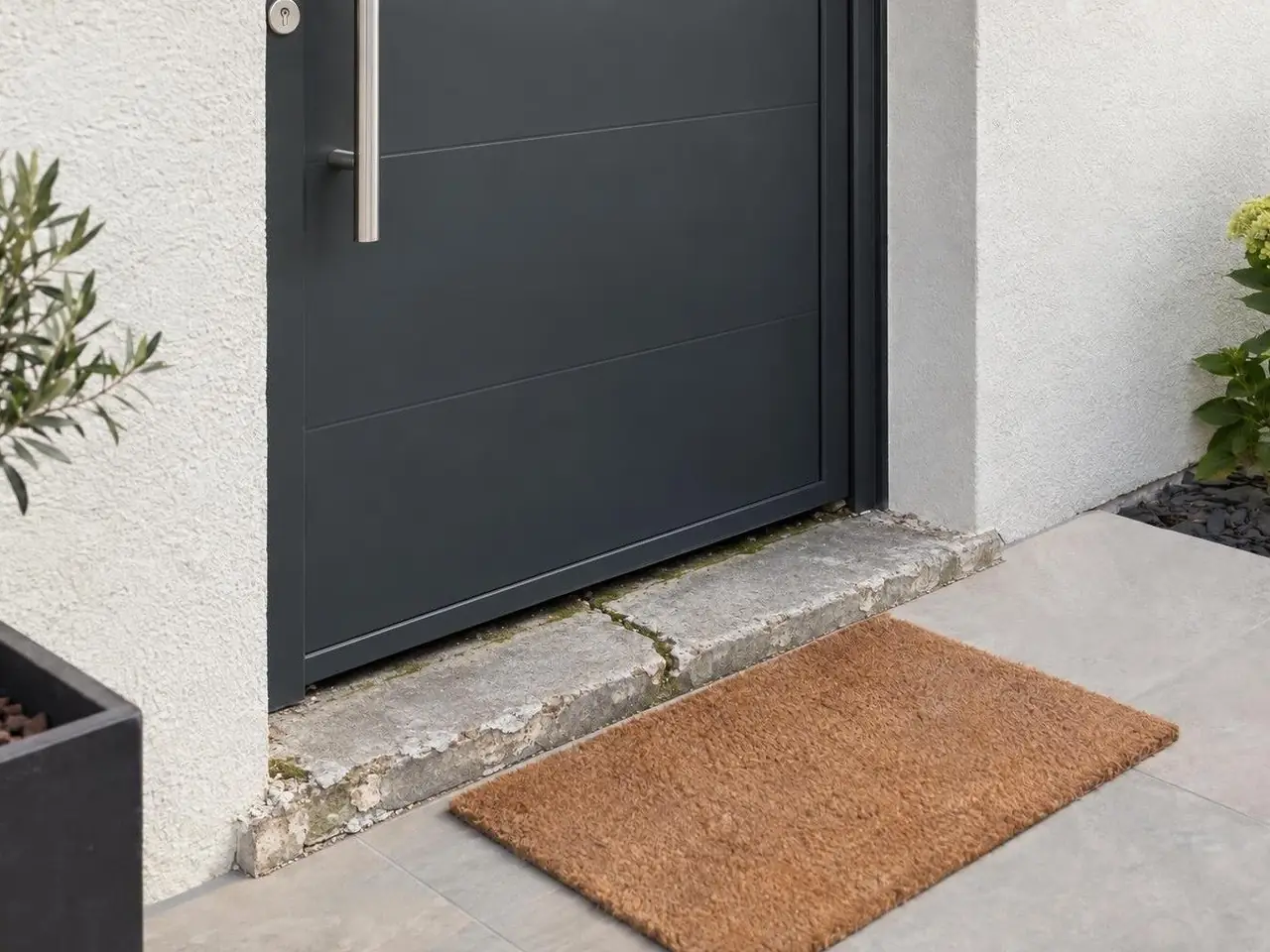 Bas d'une porte d'entrée gris anthracite sur un vieux seuil en béton fendu, écorné et moussu, paillasson en coco