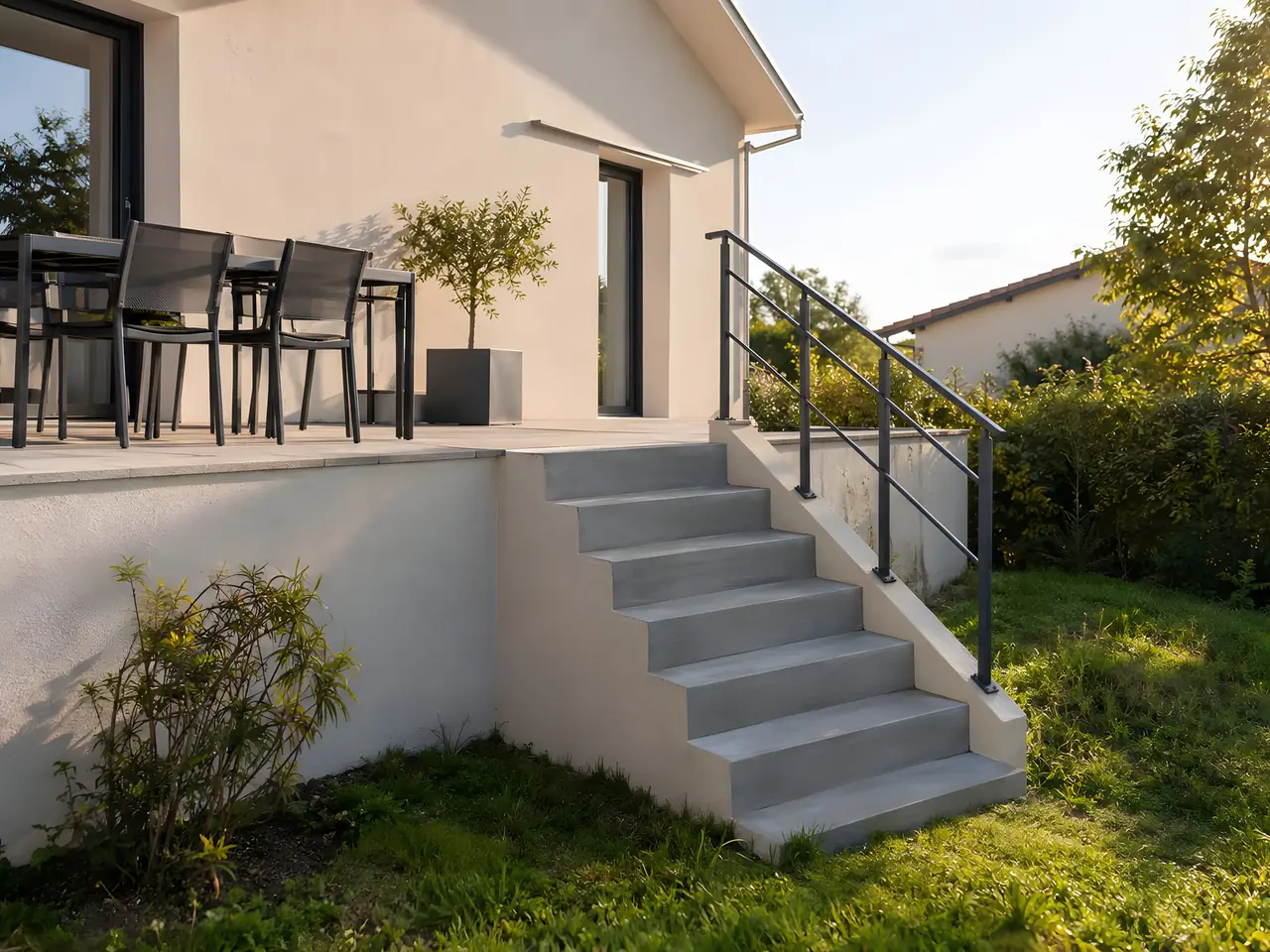 Escalier extérieur en béton neuf aux marches régulières, rampe en métal gris, qui descend d'une terrasse vers la pelouse