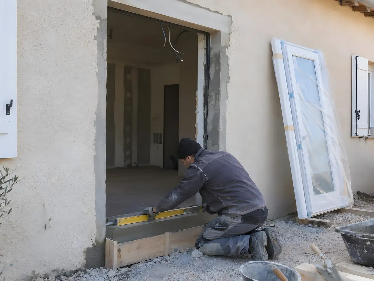 Maçon à genoux qui vérifie au niveau le seuil d'une porte-fenêtre agrandie, menuiserie neuve posée contre le mur