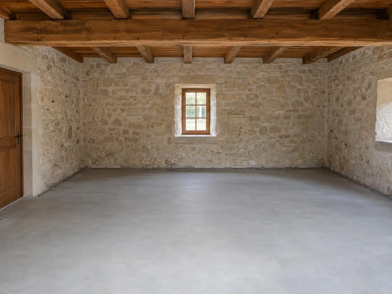 Pièce aux murs en pierre et plafond à poutres, dalle de béton gris clair lisse bordée d'une fine bande de gravier