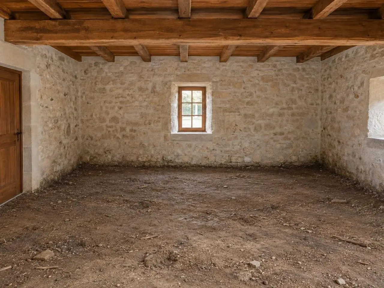Pièce aux murs en pierre et plafond à poutres, sol en terre battue brune inégale semé de cailloux et de bouts de bois