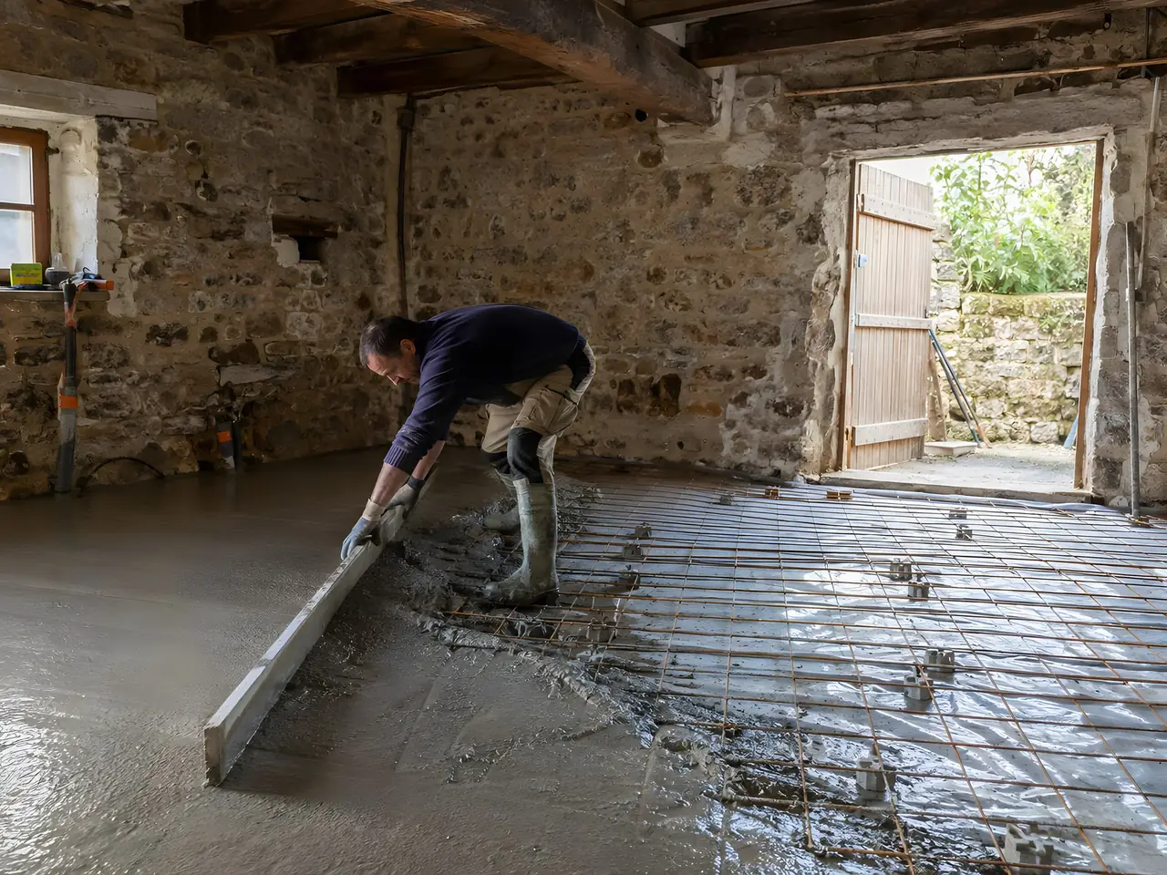 Ouvrier en bottes qui tire à la règle le béton coulé sur un treillis soudé, dans une pièce basse aux murs de pierre