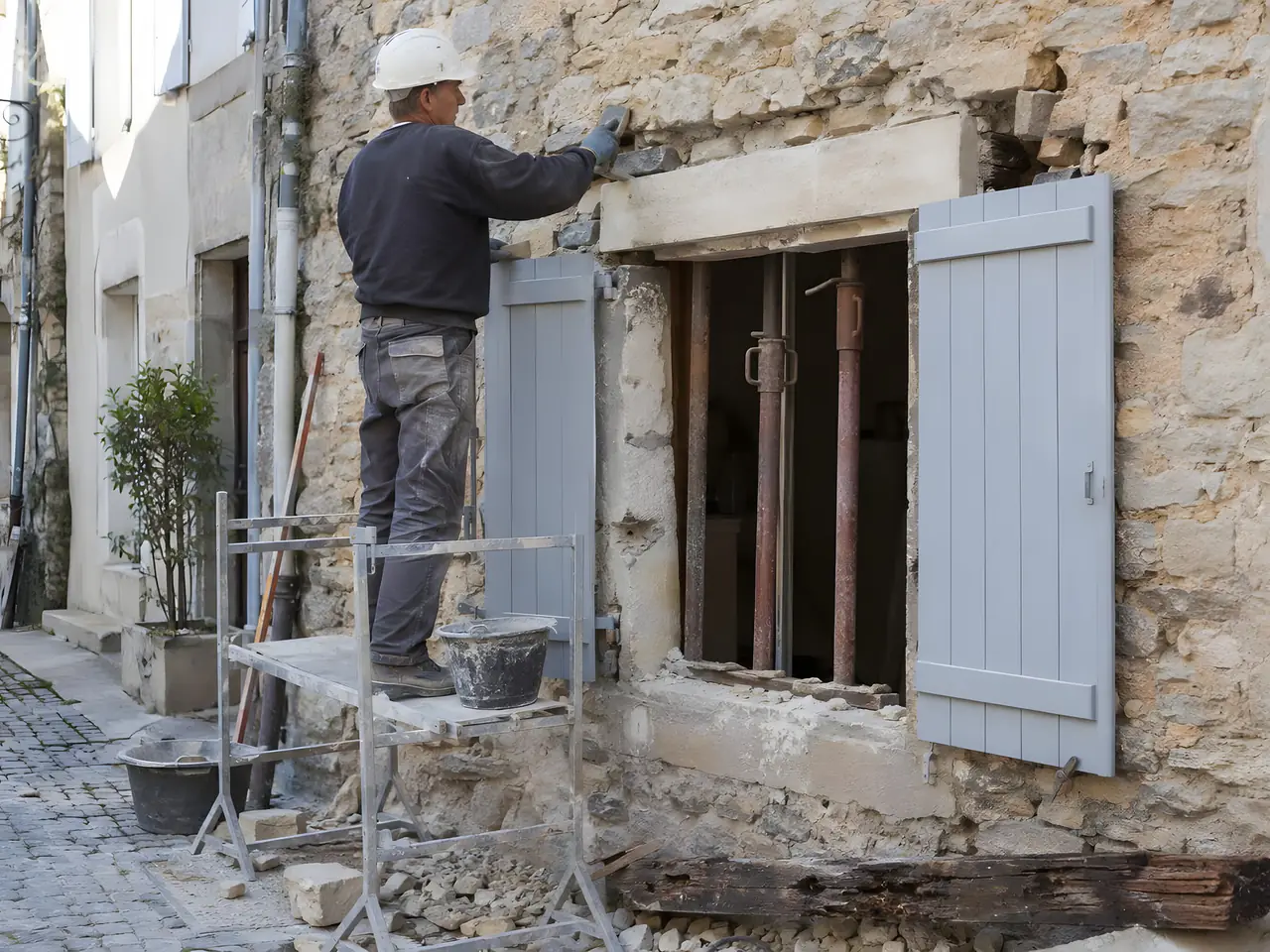 Maçon casqué sur un échafaudage qui scelle un linteau neuf en pierre au-dessus d'une fenêtre étayée, façade en moellons