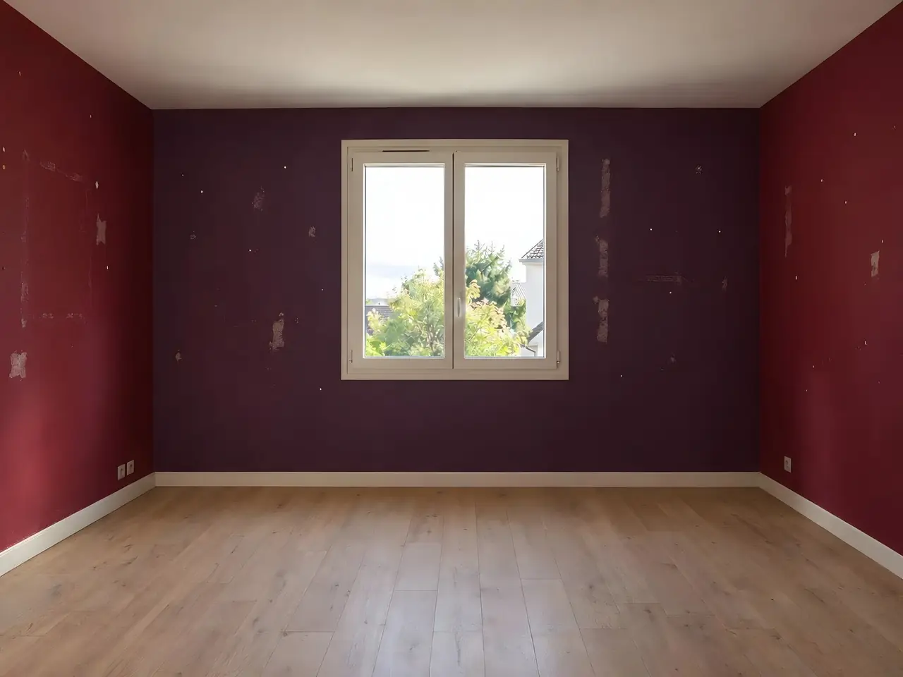Chambre vide aux murs bordeaux et violet foncé, marqués de traces d'adhésif et de punaises, parquet clair