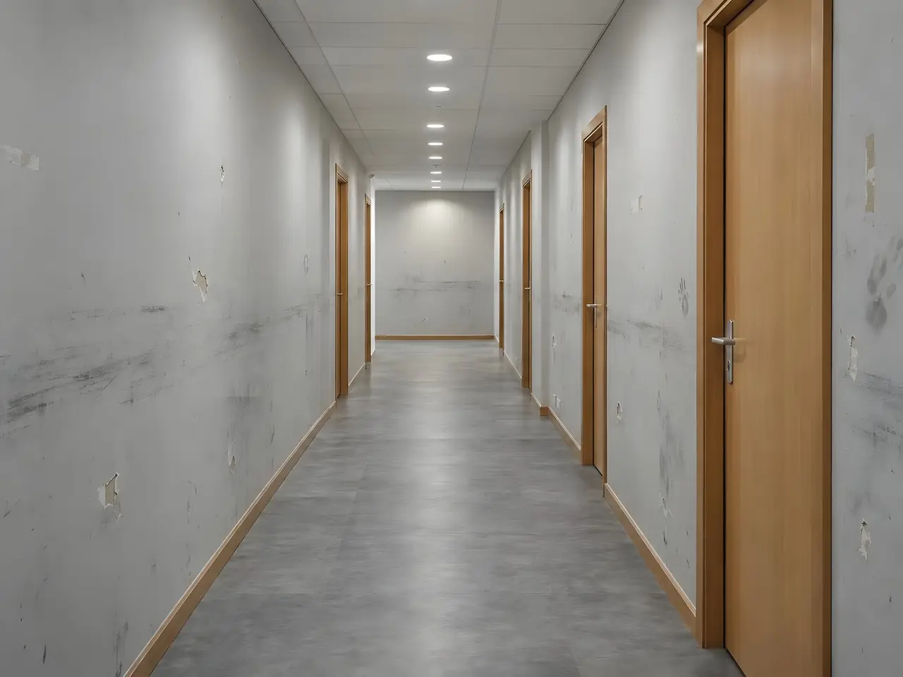Couloir de bureaux aux murs gris rayés de traînées noires, de chocs et d'éclats de peinture, portes en bois clair