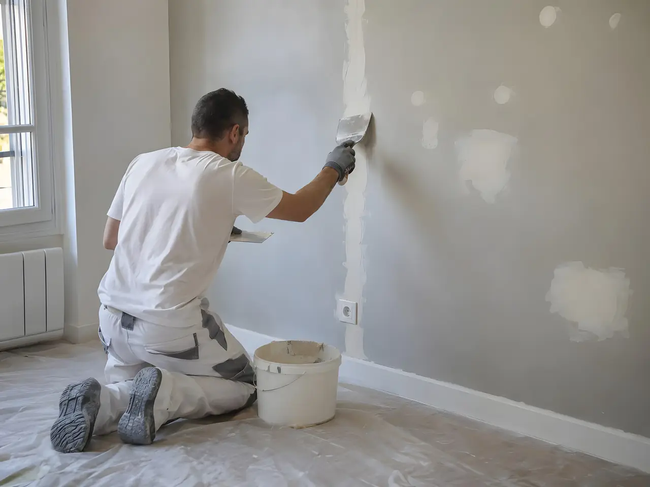 Peintre à genoux qui rebouche à l'enduit, au couteau, une saignée verticale et des trous sur un mur gris