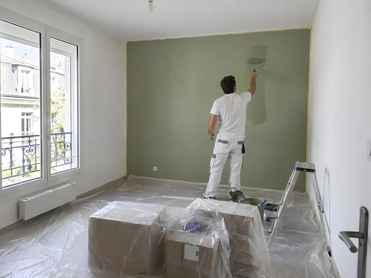 Peintre qui peint au rouleau un mur vert sauge dans une chambre vide, sol et cartons protégés par des bâches