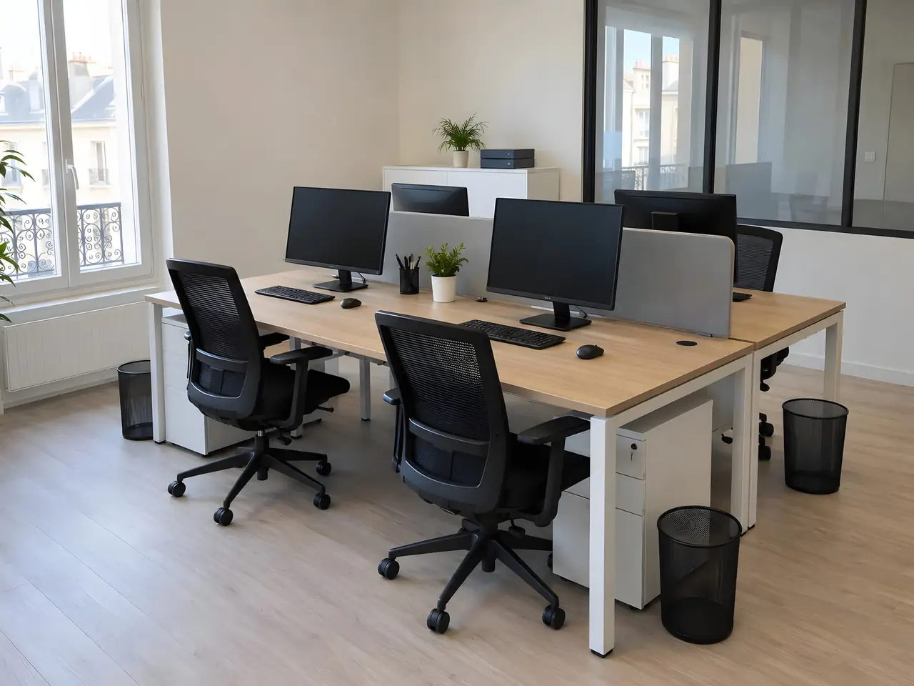 Petit bureau aux murs blancs fraîchement repeints, quatre postes avec écrans et fauteuils noirs, sol clair