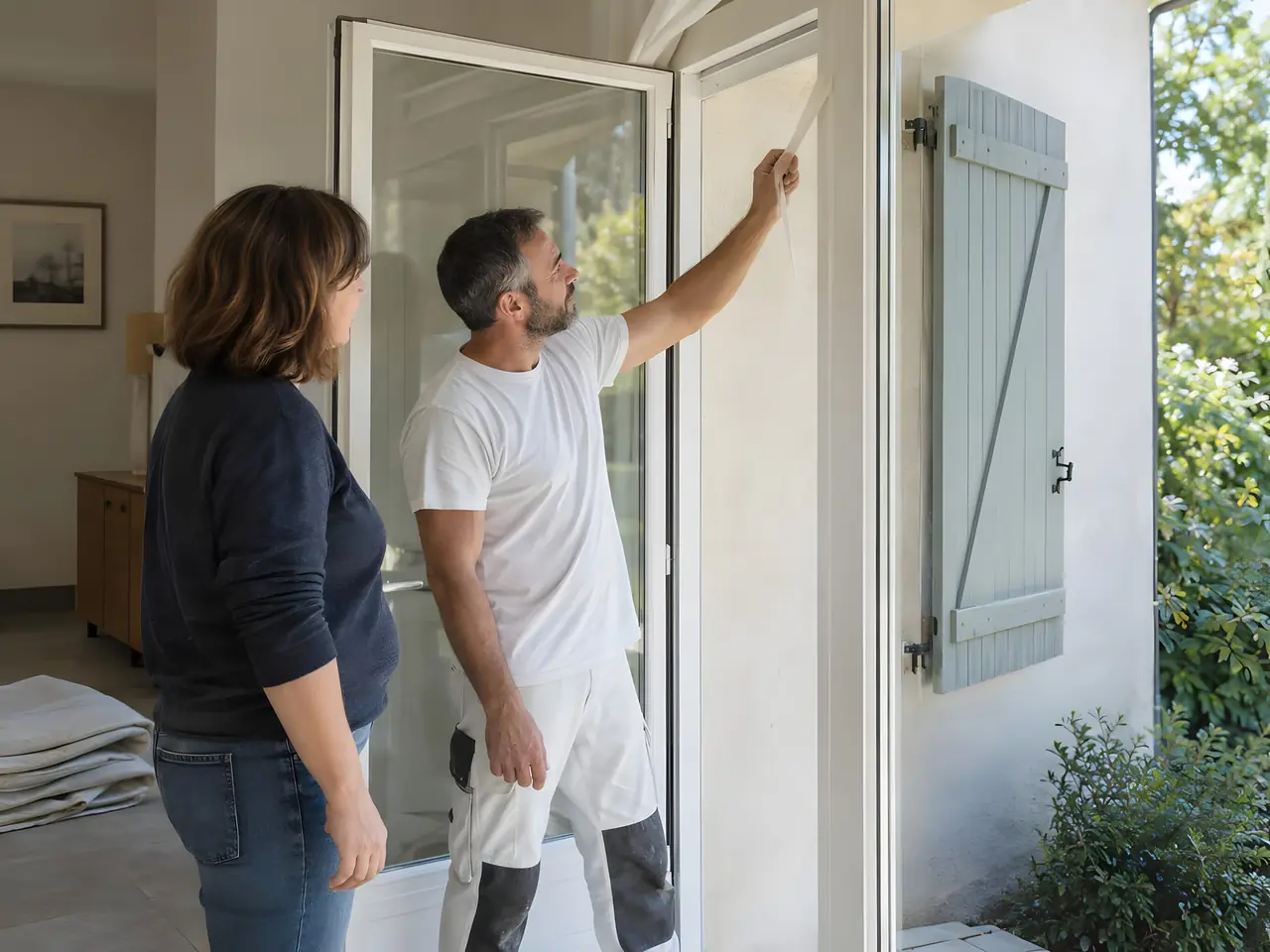 Peintre qui retire le ruban de masquage d'une porte-fenêtre blanche fraîchement peinte, sous le regard de la propriétaire