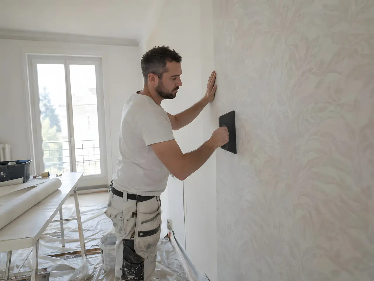 Peintre qui lisse à la spatule une bande de papier peint clair à motif de feuillages sur le mur d'une chambre