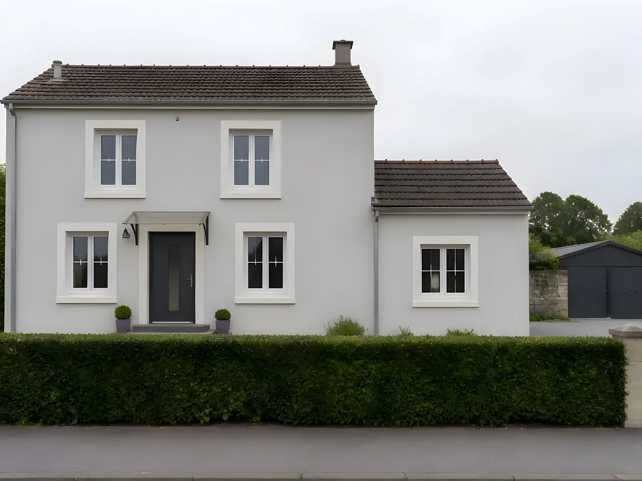 La même maison repeinte en gris clair, encadrements de fenêtres blancs, haie taillée devant