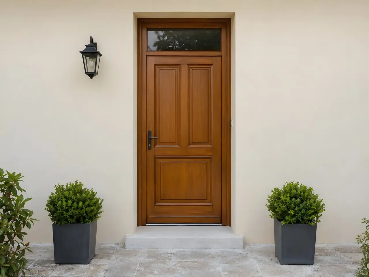 Porte d'entrée en bois verni dans une façade lisse peinte ton sable, applique noire, marche en pierre, deux buis