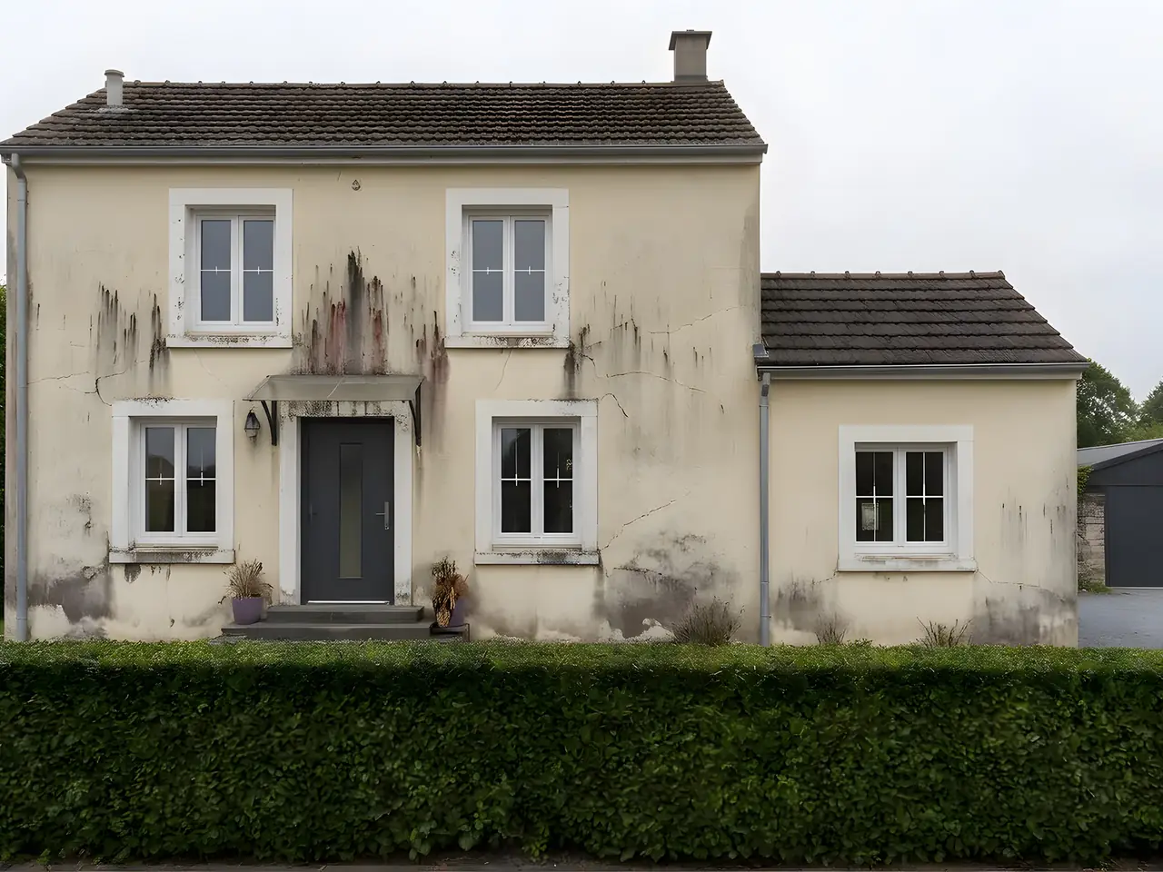 Maison à étage à l'enduit crème marqué de longues coulures sombres sous les fenêtres, avant les travaux