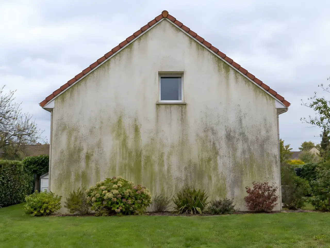Pignon d'un pavillon sous un toit de tuiles rouges, enduit couvert de coulures vertes et grises d'algues