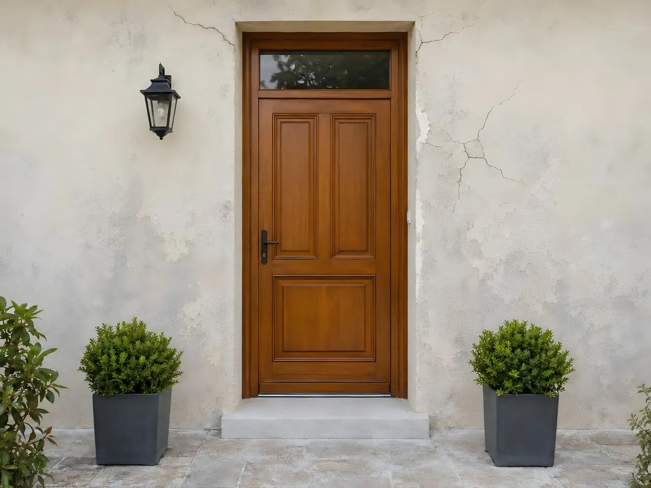 Porte d'entrée en bois verni entourée d'un enduit farineux fissuré en biais au-dessus et en étoile sur la droite