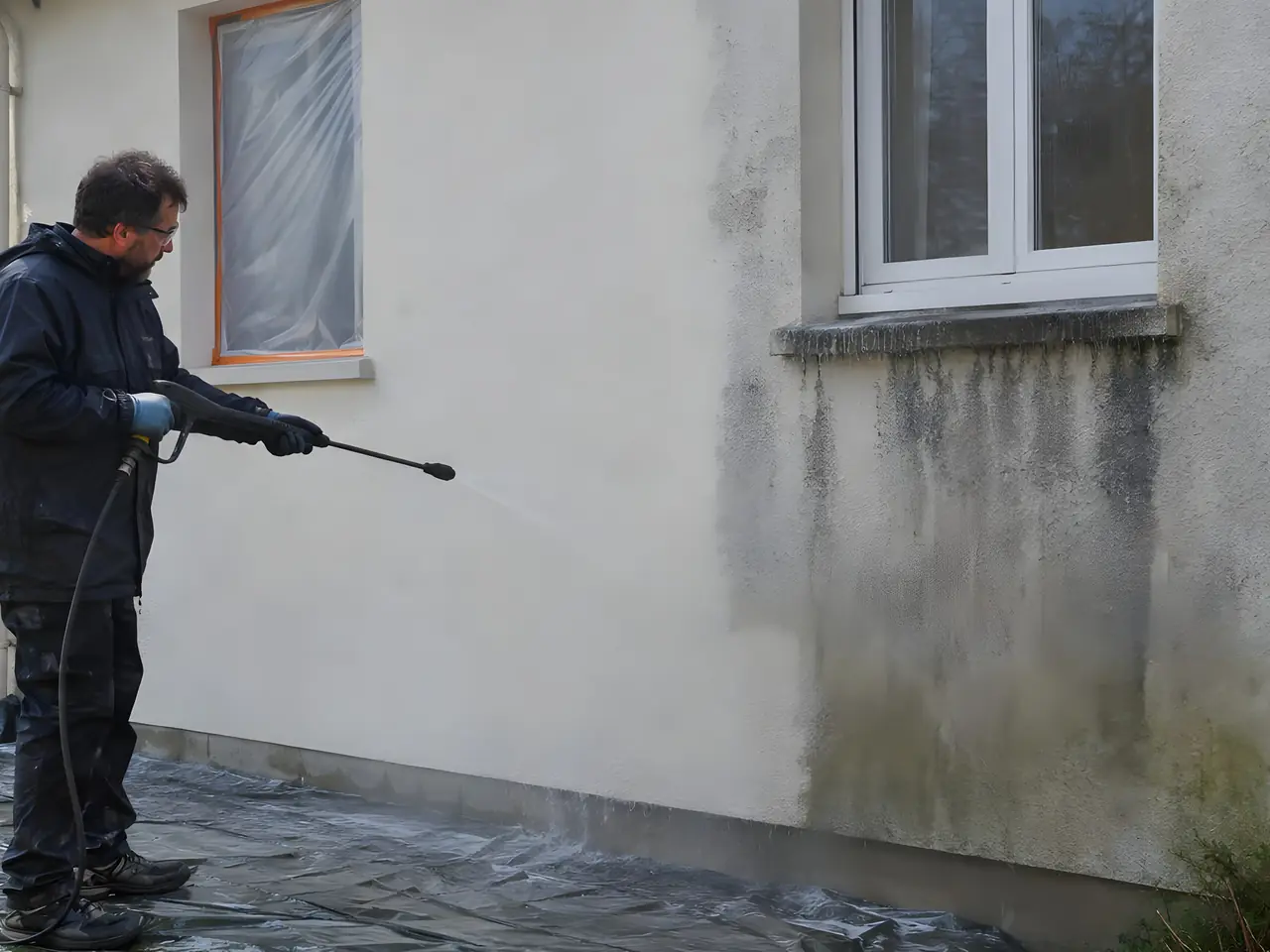 Ouvrier qui rince au jet un mur en crépi clair strié de coulures noires, fenêtre bâchée et sol protégé