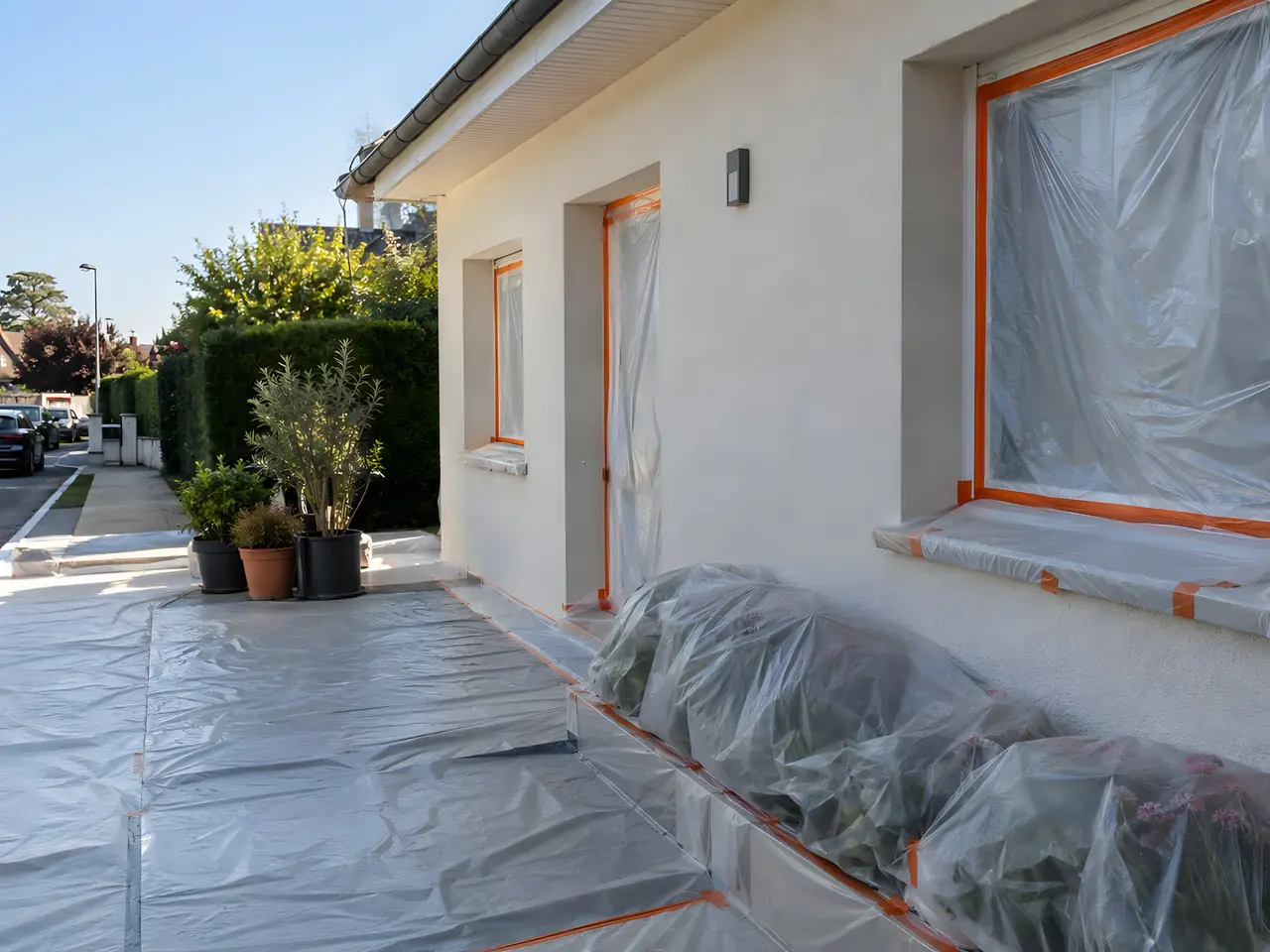 Pied de façade protégé avant travaux : fenêtres et porte sous film plastique, massifs et terrasse bâchés