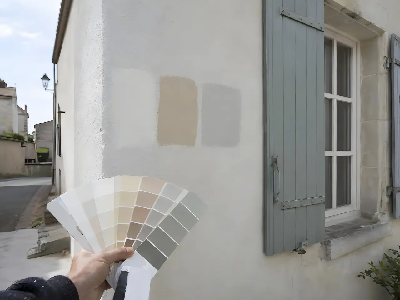 Nuancier tenu en éventail devant trois carrés d'essai de teinte peints sur une façade claire, près d'un volet gris-bleu