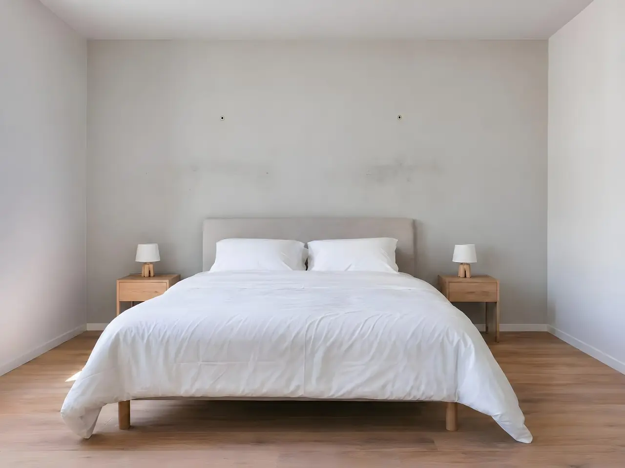 Chambre au mur du fond blanc grisé, taché derrière la tête de lit et percé de deux trous de chevilles