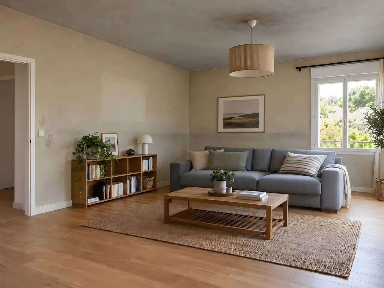 Séjour aux murs beige terne, bande grise frottée au-dessus du canapé, traces de mains et plafond grisé