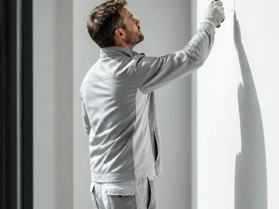 Peintre en tenue de travail grise passant le rouleau en haut d'un mur blanc éclairé par le soleil