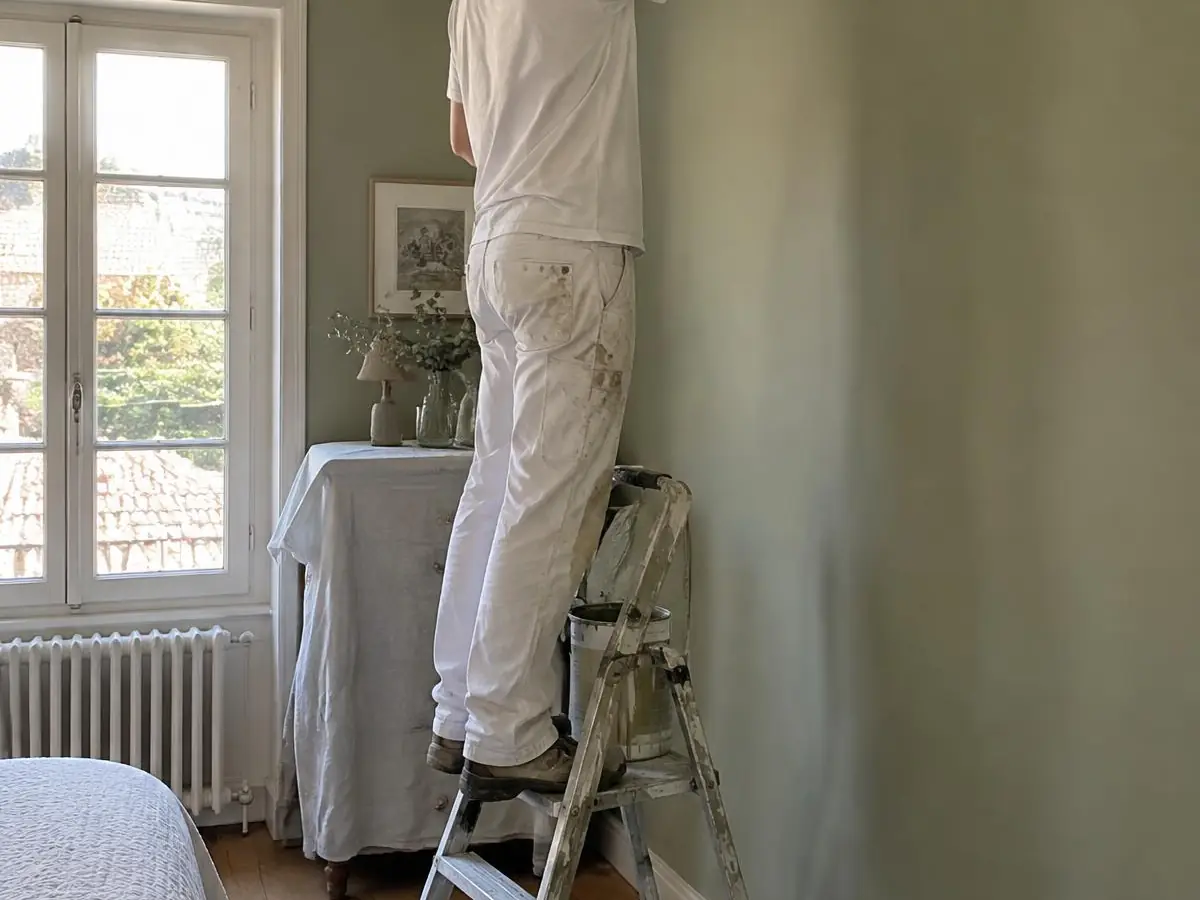 Peintre sur un escabeau découpant au pinceau le haut d'un mur vert sauge, dans une chambre au sol bâché
