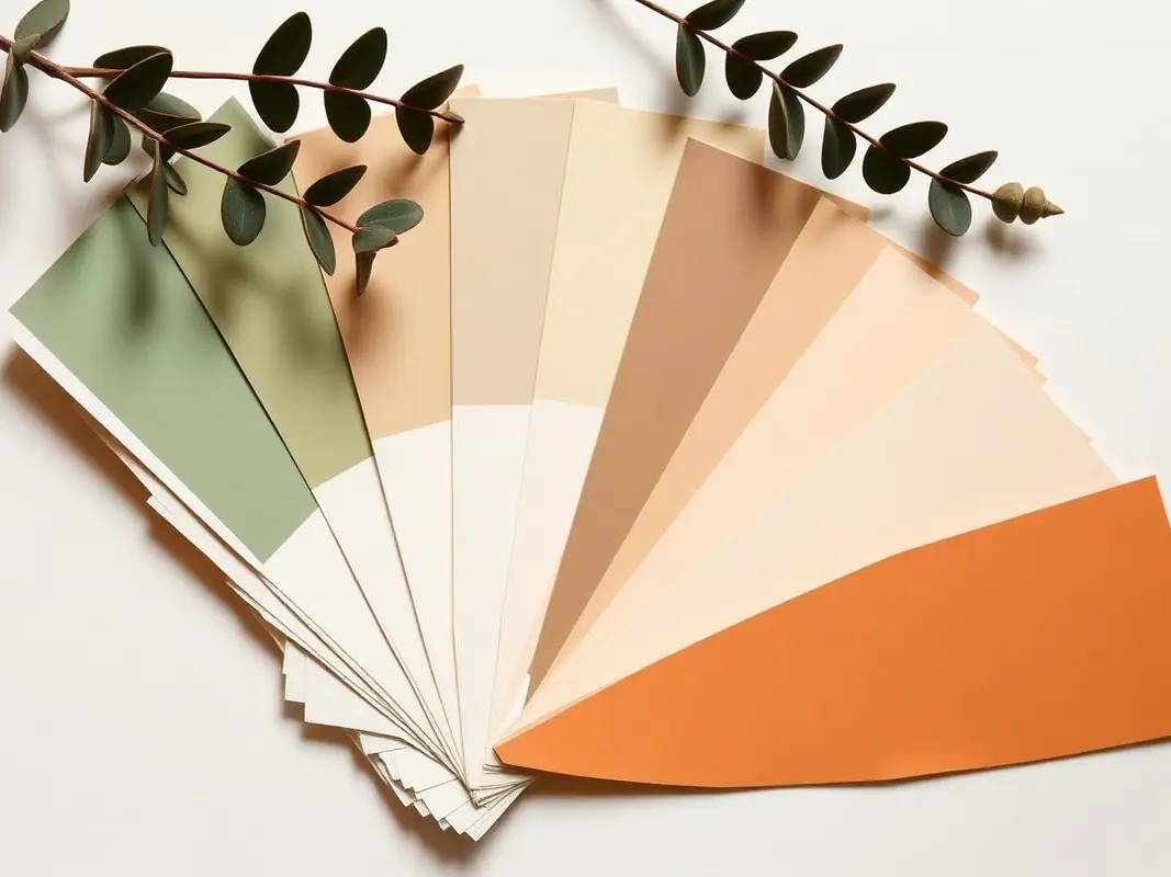 Nuancier de peinture ouvert en éventail, du vert sauge au terracotta en passant par les beiges et les crèmes