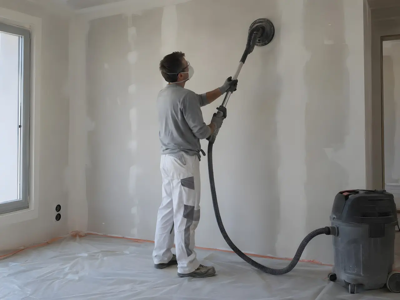 Peintre masqué qui ponce à la ponceuse girafe un mur en plaques de plâtre enduit, reliée à un aspirateur de chantier