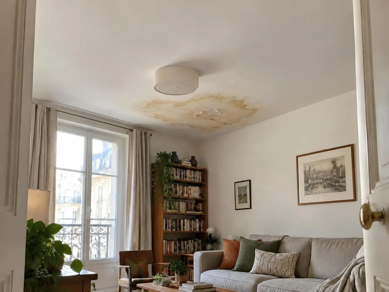 Plafond de séjour marqué d'une grande auréole jaune aux bords bruns, peinture cloquée au centre