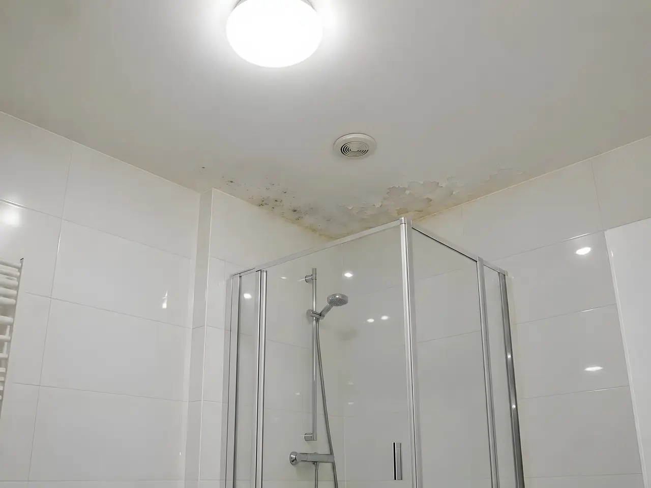 Plafond de salle de bains au-dessus d'une douche vitrée, angle piqué de moisissures noires, peinture qui s'écaille