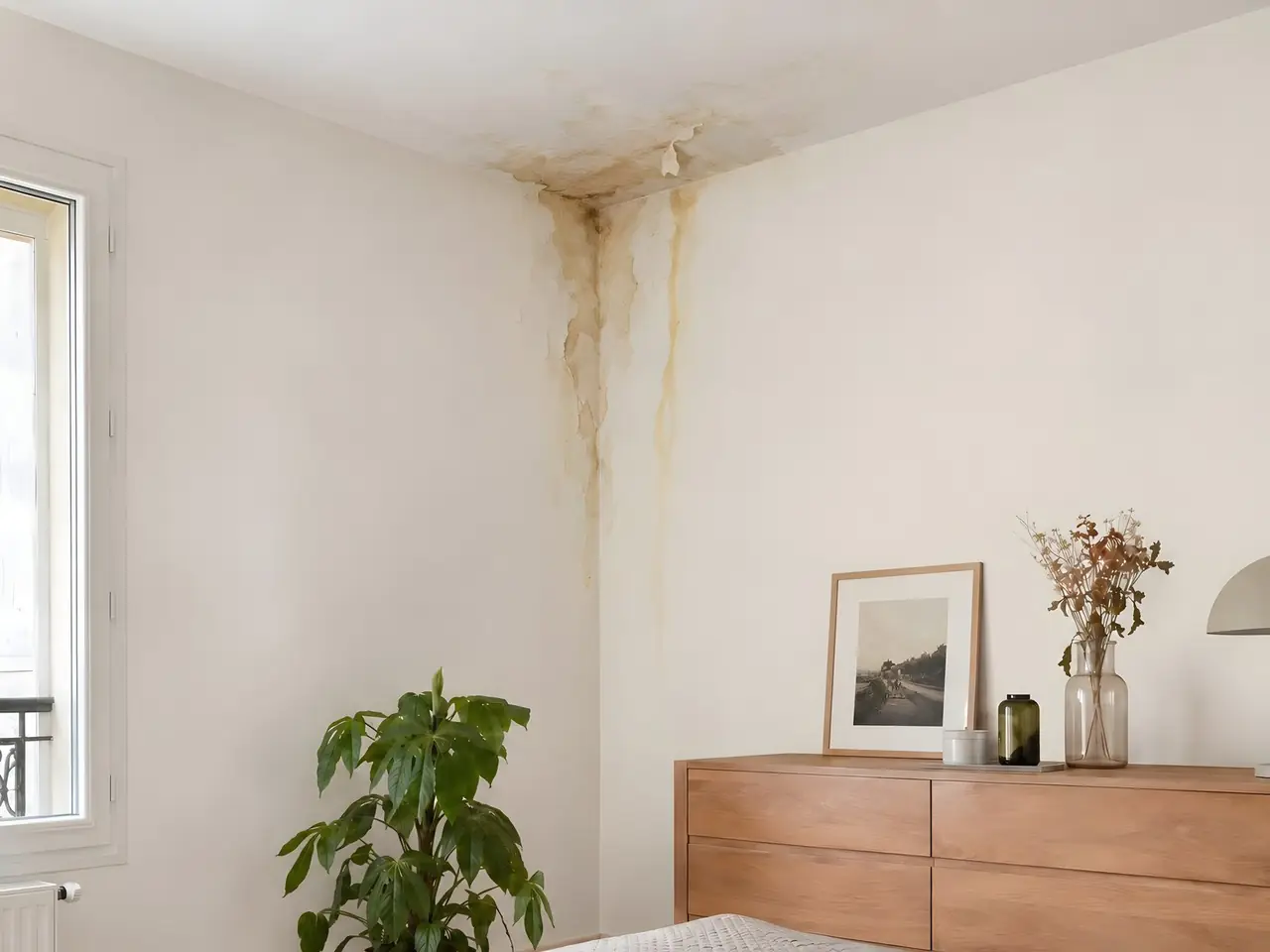 Angle de chambre au plafond taché d'eau, deux traînées brunes descendant le long du mur au-dessus d'une commode