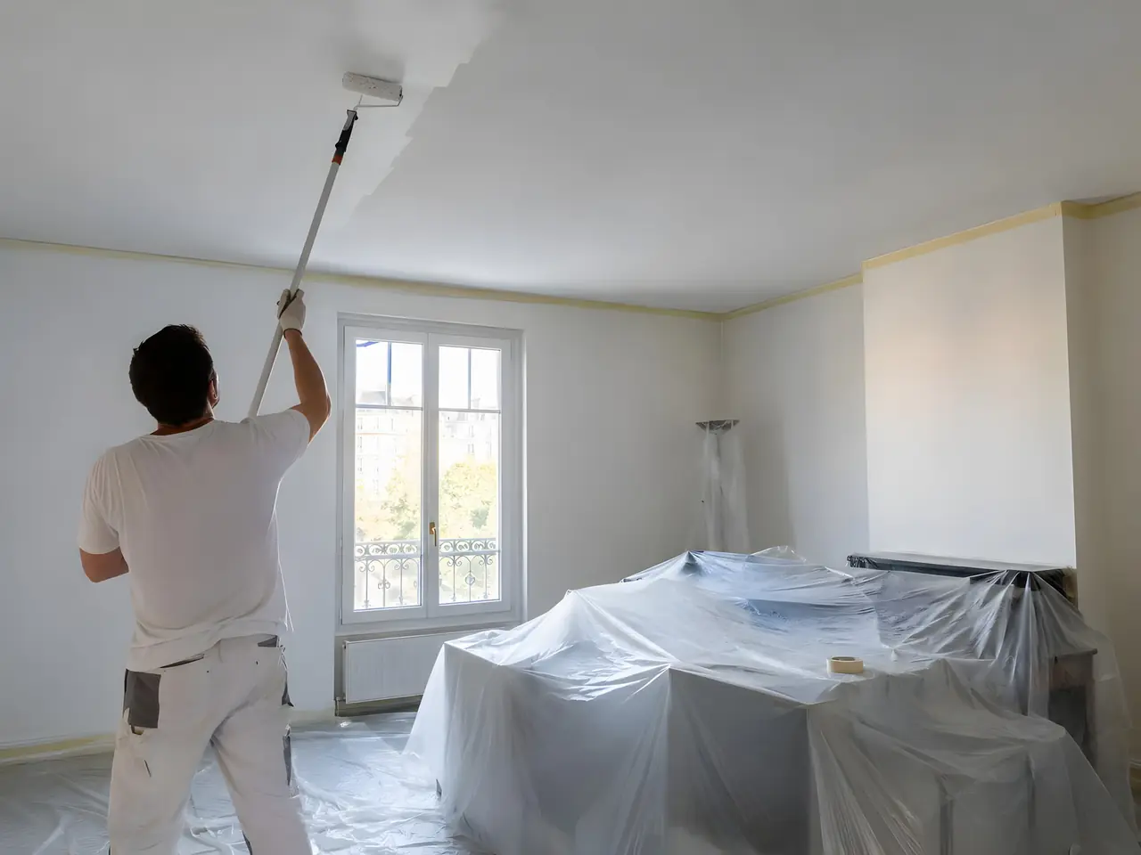 Peintre qui passe le rouleau à long manche sur le plafond d'un séjour, les meubles regroupés au centre sous des bâches