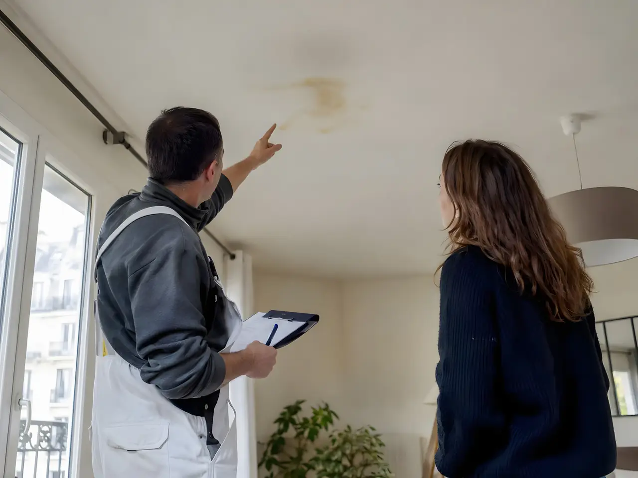 Peintre, bloc-notes en main, qui montre du doigt une auréole jaune au plafond d'un séjour à la propriétaire