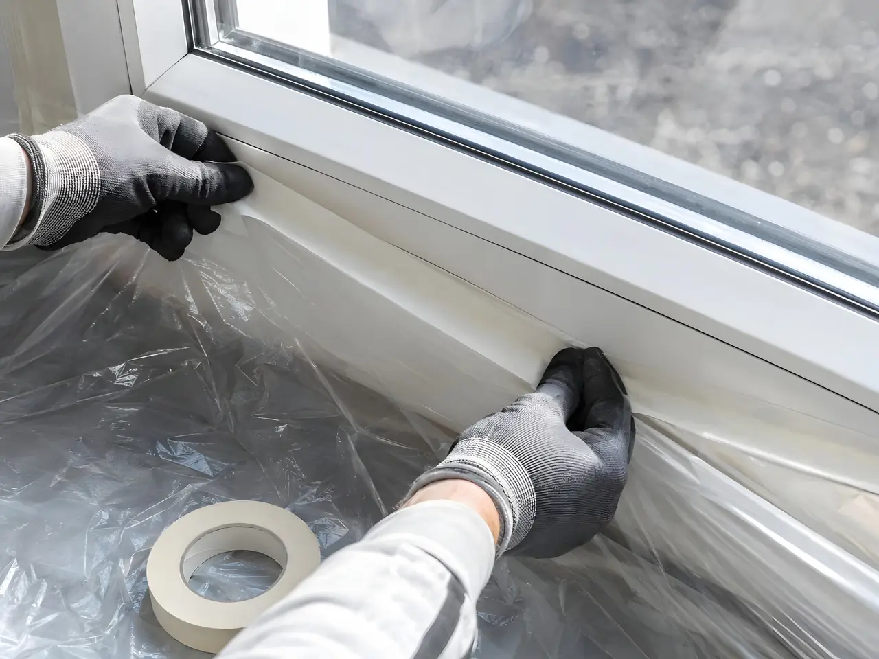 Mains gantées qui tendent un film plastique et le fixent au ruban de masquage tout autour de l'appui d'une fenêtre