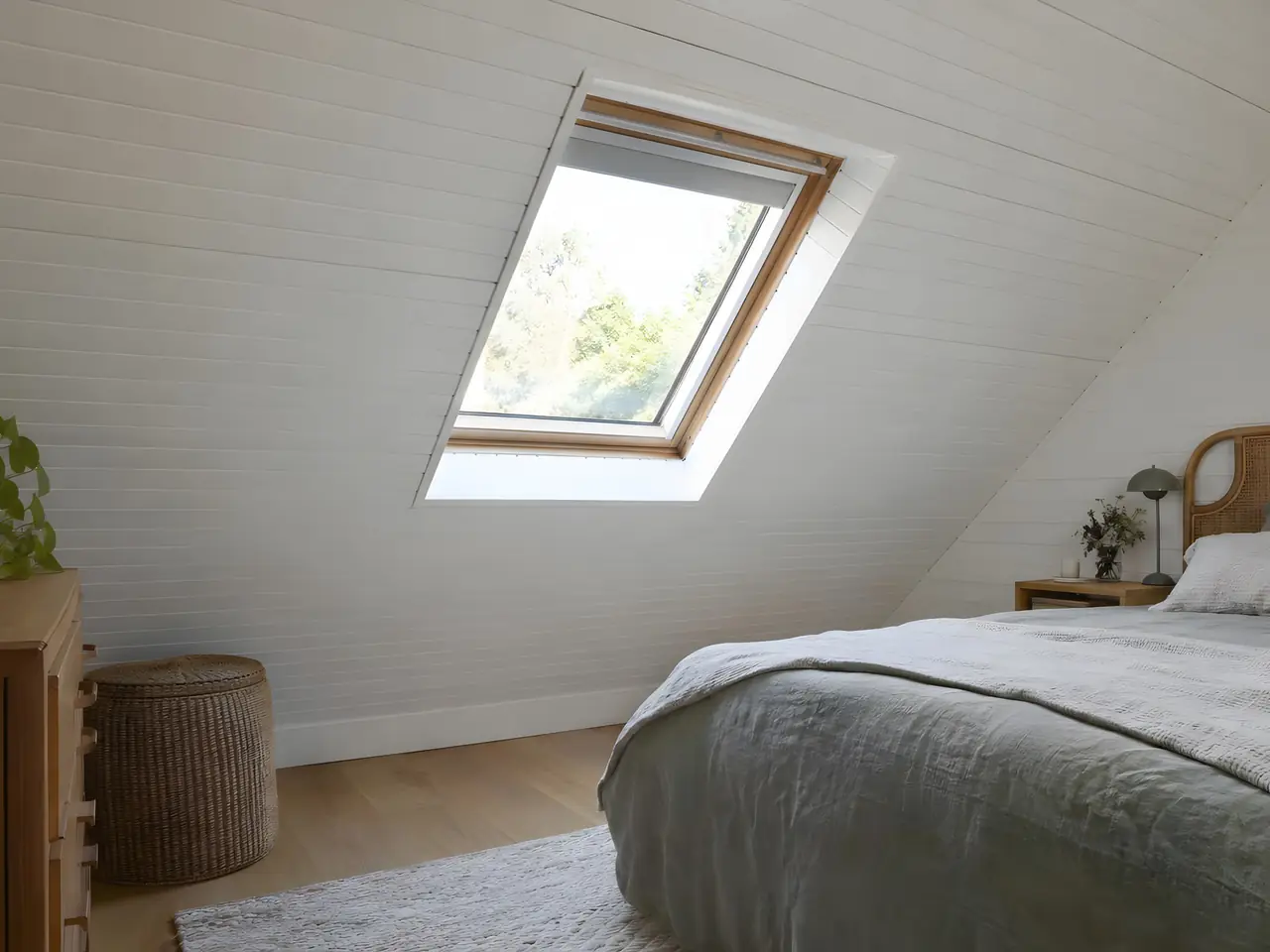 Chambre sous les toits au lambris peint en blanc, fenêtre de toit lumineuse au-dessus d'un lit au linge gris
