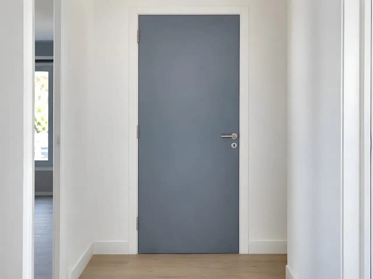 Porte de couloir laquée bleu-gris satiné, encadrement et plinthes blancs, poignée en inox, parquet clair au sol