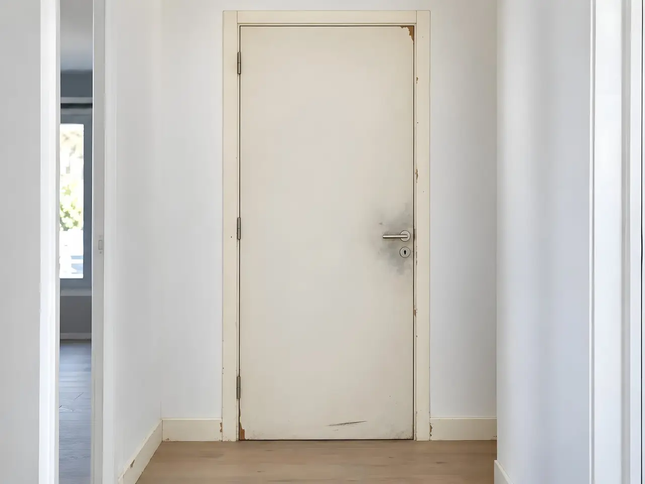 Porte de couloir d'un blanc jauni, traces grises autour de la poignée, angle écaillé et éraflure noire en bas