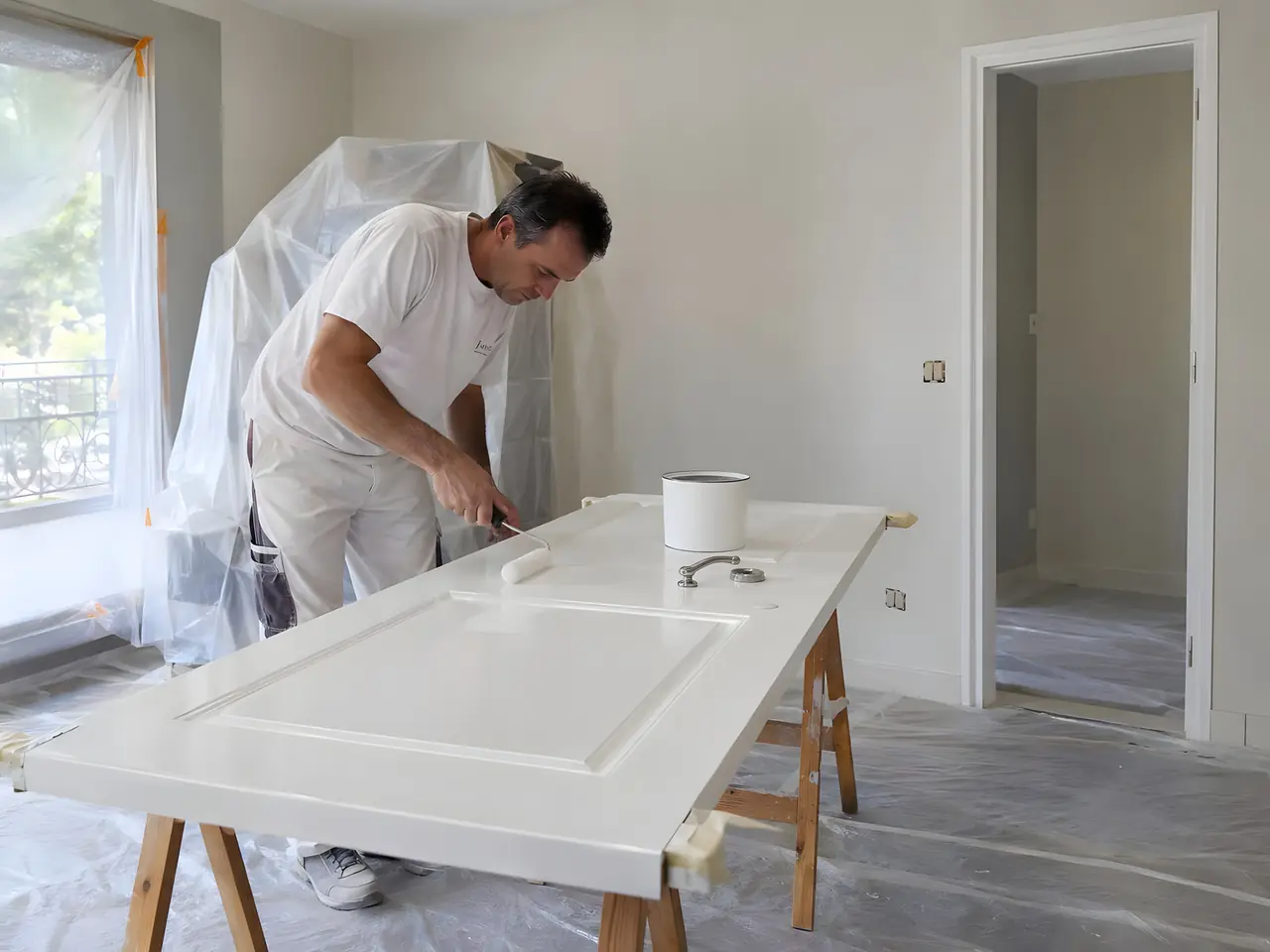 Peintre qui laque en blanc au petit rouleau une porte moulurée posée à plat sur des tréteaux, dans une pièce bâchée