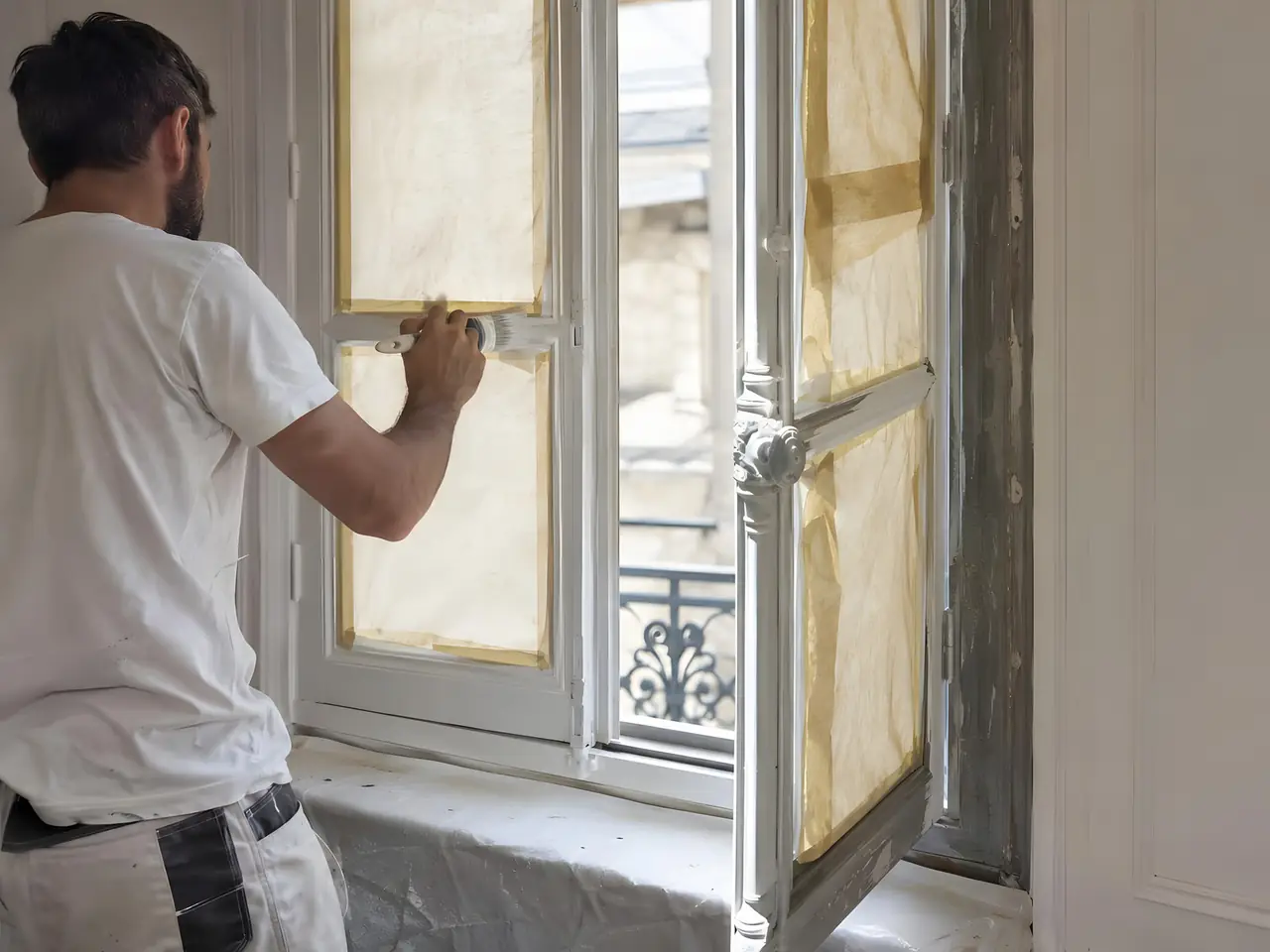 Peintre qui laque en blanc au pinceau le cadre d'une fenêtre ancienne en bois, vitres masquées de papier