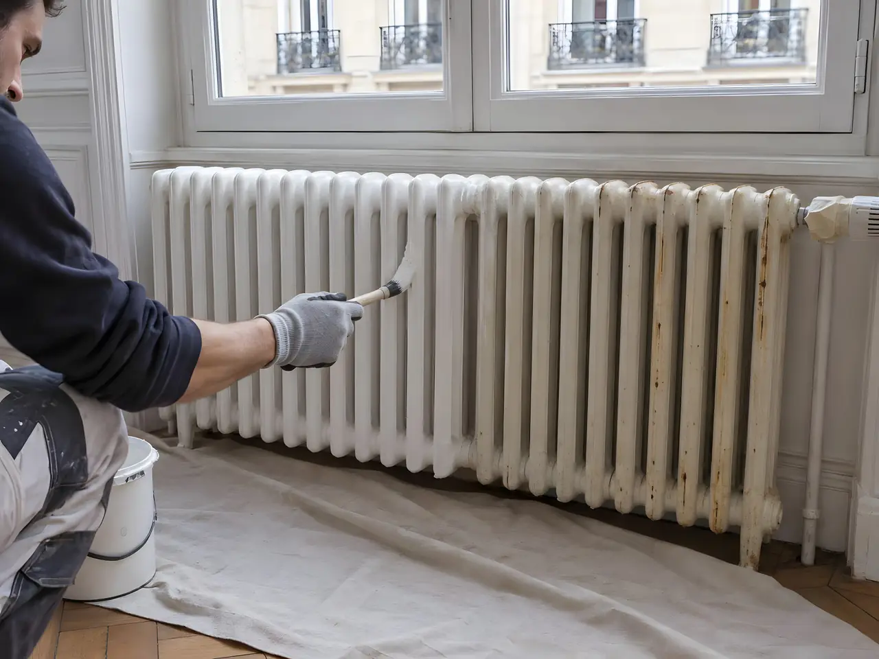 Main gantée qui repeint en blanc au pinceau un vieux radiateur en fonte à colonnes sous une fenêtre, sol protégé